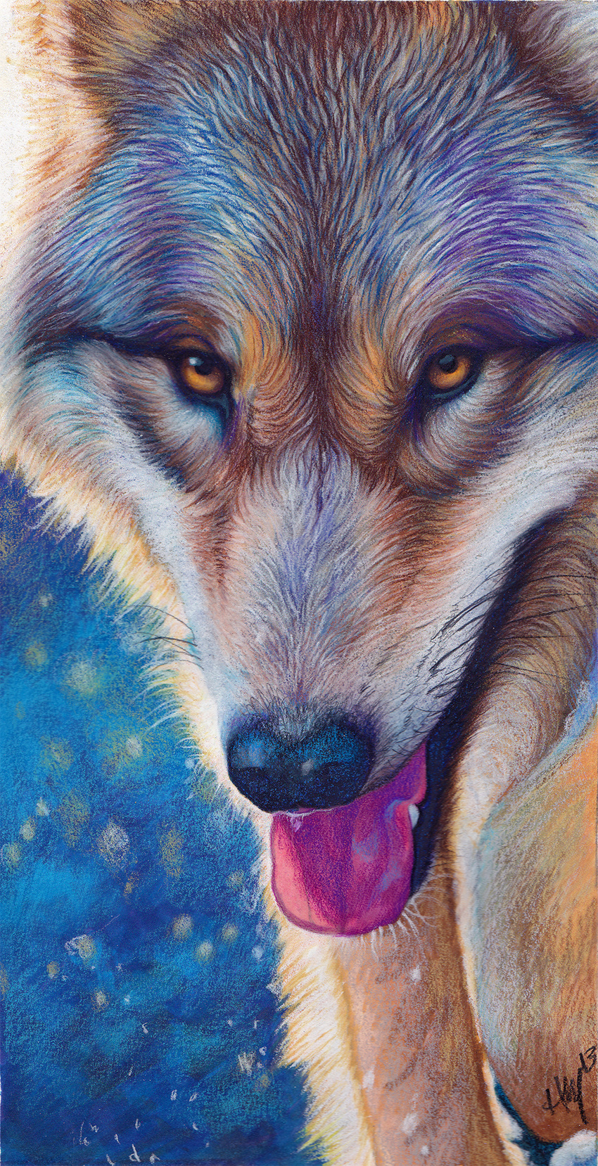 2013 abstract_background ambiguous_gender black_fur black_nose brown_fur canine detailed_background feral front_view fur looking_at_viewer mammal novawuff open_mouth portrait solo tan_fur tongue tongue_out white_fur wolf yellow_eyes