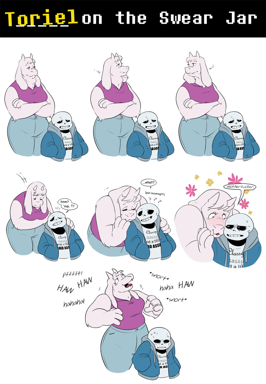 animated_skeleton blush bone boss_monster caprine claws clothing comic dialogue duo english_text fangs fur goat hi_res horn humanoid jeans long_ears mammal pants profanity sans_(undertale) simonsoys simple_background skeleton text toriel undead undertale video_games white_background white_fur