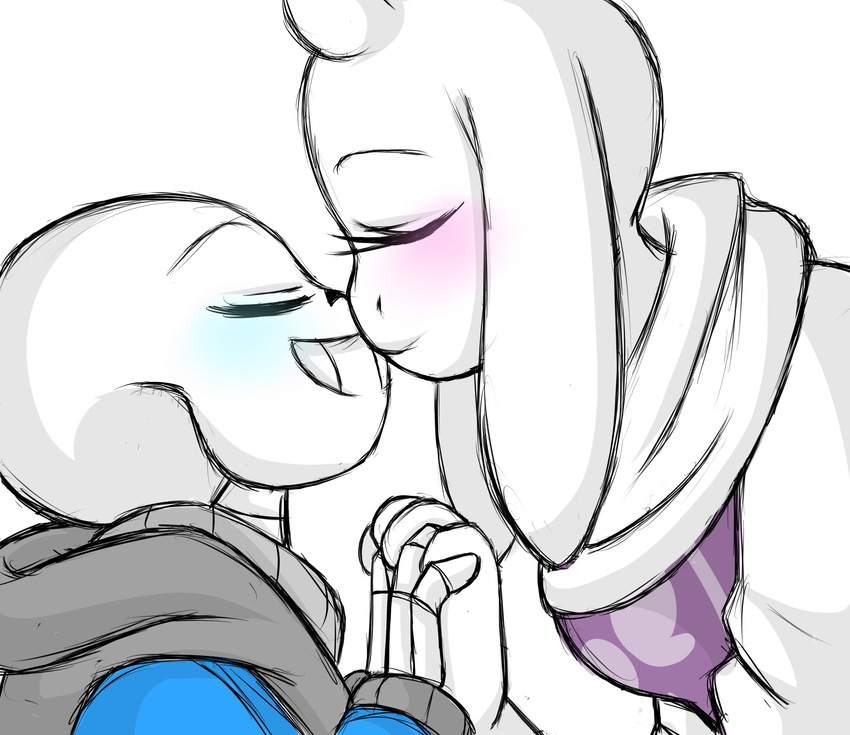 animated_skeleton blush bone boss_monster caprine clothed clothing duo eyes_closed female friisans goat hand_holding hoodie kissing long_ears male mammal sans_(undertale) skeleton toriel undead undertale video_games