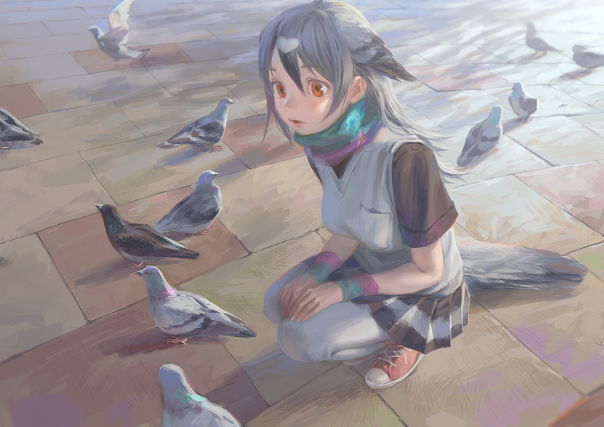 animal aqua_scarf bird bird_tail bird_wings black_shirt breast_pocket brown_eyes commentary cross-laced_footwear expressionless eyelashes feathered_wings fingernails flock full_body gradient_hair gradient_scarf grey_hair grey_legwear grey_vest hair_between_eyes hands_on_own_knees head_wings kemono_friends lips long_hair looking_away multicolored multicolored_clothes multicolored_hair multicolored_scarf multicolored_skirt no_lineart outdoors pantyhose pigeon pink_lips pleated_skirt pocket purple_scarf red_footwear rock_pigeon_(kemono_friends) scarf shadow shirt shoelaces shoes short_sleeves silver_legwear skirt sneakers squatting stone_floor tail tunapon01 vest wings wristband