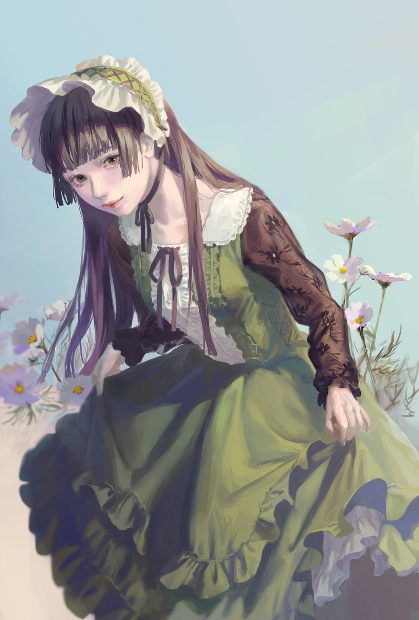 bangs blunt_bangs bonnet brown_hair chin_strap closed_mouth commentary_request curtsey daisy dress flower green_dress green_eyes highres leaning_forward long_hair long_sleeves looking_at_viewer original skirt_hold smile standing tunapon01