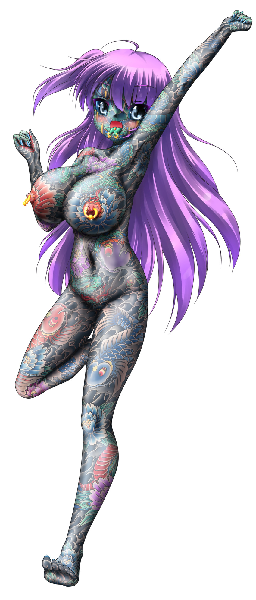 arm_tattoo breast_tattoo breasts flower full_body_tattoo grey_eyes highres irezumi long_hair nail_polish nipple_piercing piercing purple_hair seiji_(artist) snake tattoo tongue_piercing