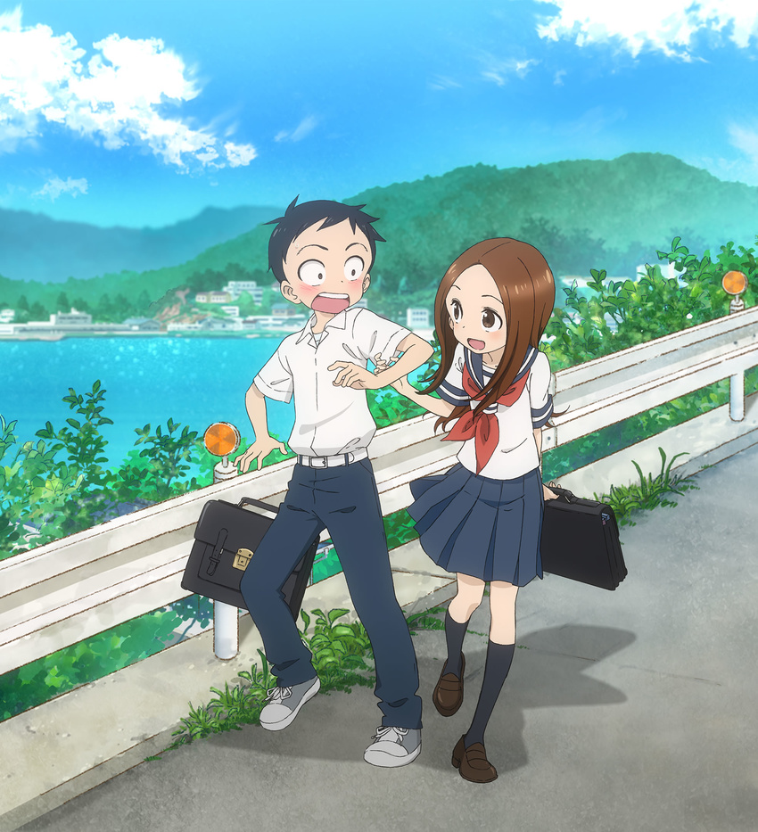 1girl :d bangs black_hair blush brown_eyes brown_hair forehead highres karakai_jouzu_no_takagi-san key_visual long_hair looking_at_viewer nishikata official_art open_mouth parted_bangs pleated_skirt school_uniform serafuku shirt short_sleeves simple_background skirt smile sweat sweatdrop takagi-san white_background