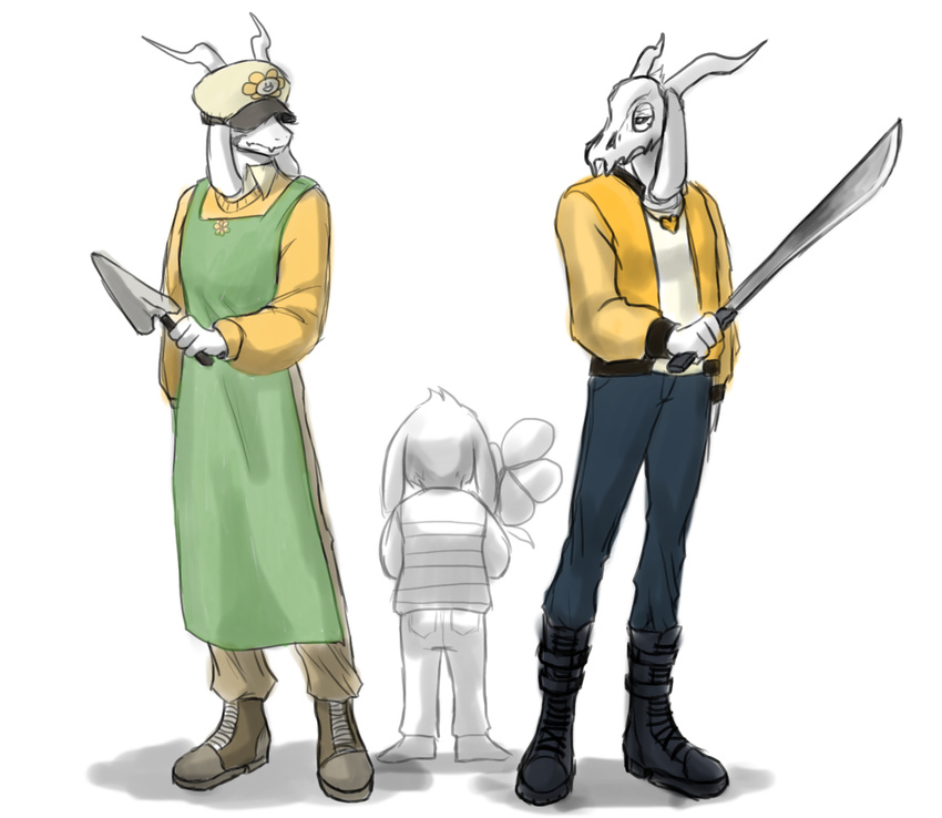 alternate_universe anthro apron asriel_dreemurr boots boss_monster caprine child clothed clothing flower footwear fur gardening_tool goat group hat horn machete mammal mask melee_weapon plant simple_background skull stroberry_oatmeal undermafia undertale video_games weapon white_fur young