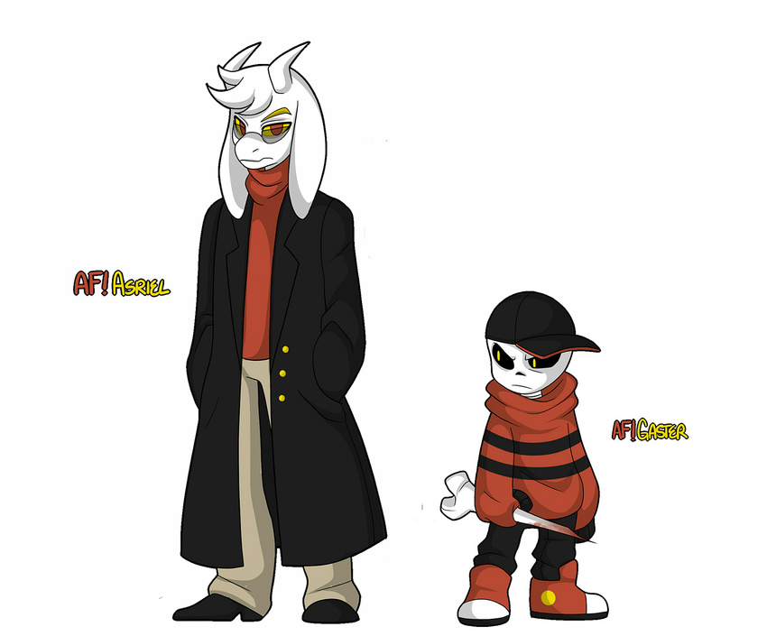 alterfell alternate_universe altertale animated_skeleton anthro asriel_dreemurr blood bone boss_monster caprine clothed clothing coat duo eyewear friisans fur gaster glasses goat hat long_sleeves male mammal simple_background skeleton sweater undead underfell undertale video_games weapon white_background white_fur