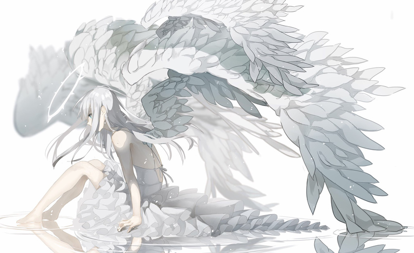 angel dress gray_hair green_eyes halo long_hair original reflection water wings yuzua