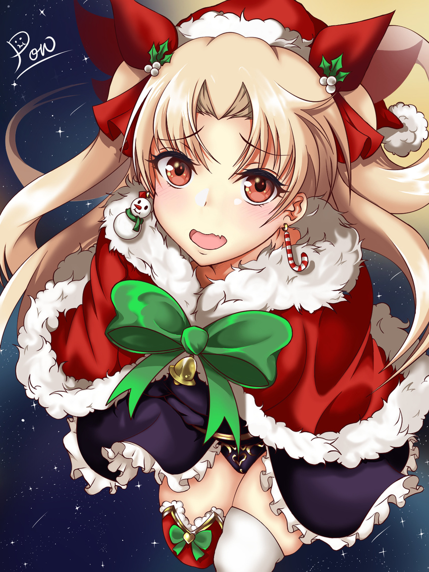 :o blonde_hair blush bow cape christmas commentary_request earrings ereshkigal_(fate/grand_order) fate/grand_order fate_(series) fur-trimmed_cape fur_trim green_bow hair_ribbon hat highres jewelry long_hair looking_at_viewer mismatched_earrings mistletoe pon_(syugaminp) red_cape red_eyes ribbon santa_hat solo thighhighs two_side_up