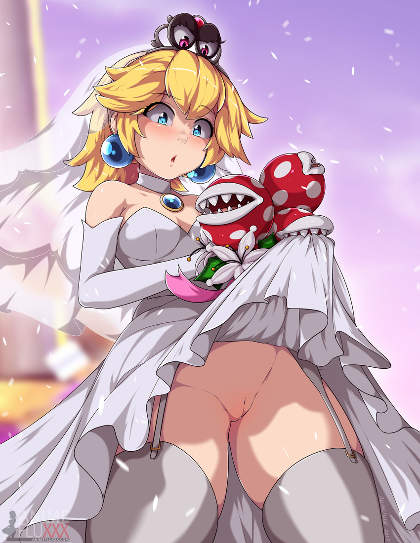 1girl alternate_costume animeflux artist_name blonde_hair blue_eyes blush collar crown dress_lift earrings elbow_gloves eyebrows_visible_through_hair garter_straps nintendo open_mouth piranha_plant princess_peach pussy solo super_mario_bros. super_mario_odyssey thighhighs uncensored web_address wedding_dress