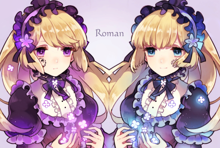 biskekun blonde_hair blue_eyes commentary_request copyright_name dress flower frills gothic_lolita headdress hortense lolita_fashion long_hair multiple_girls purple_eyes roman siblings smile sound_horizon twins violette