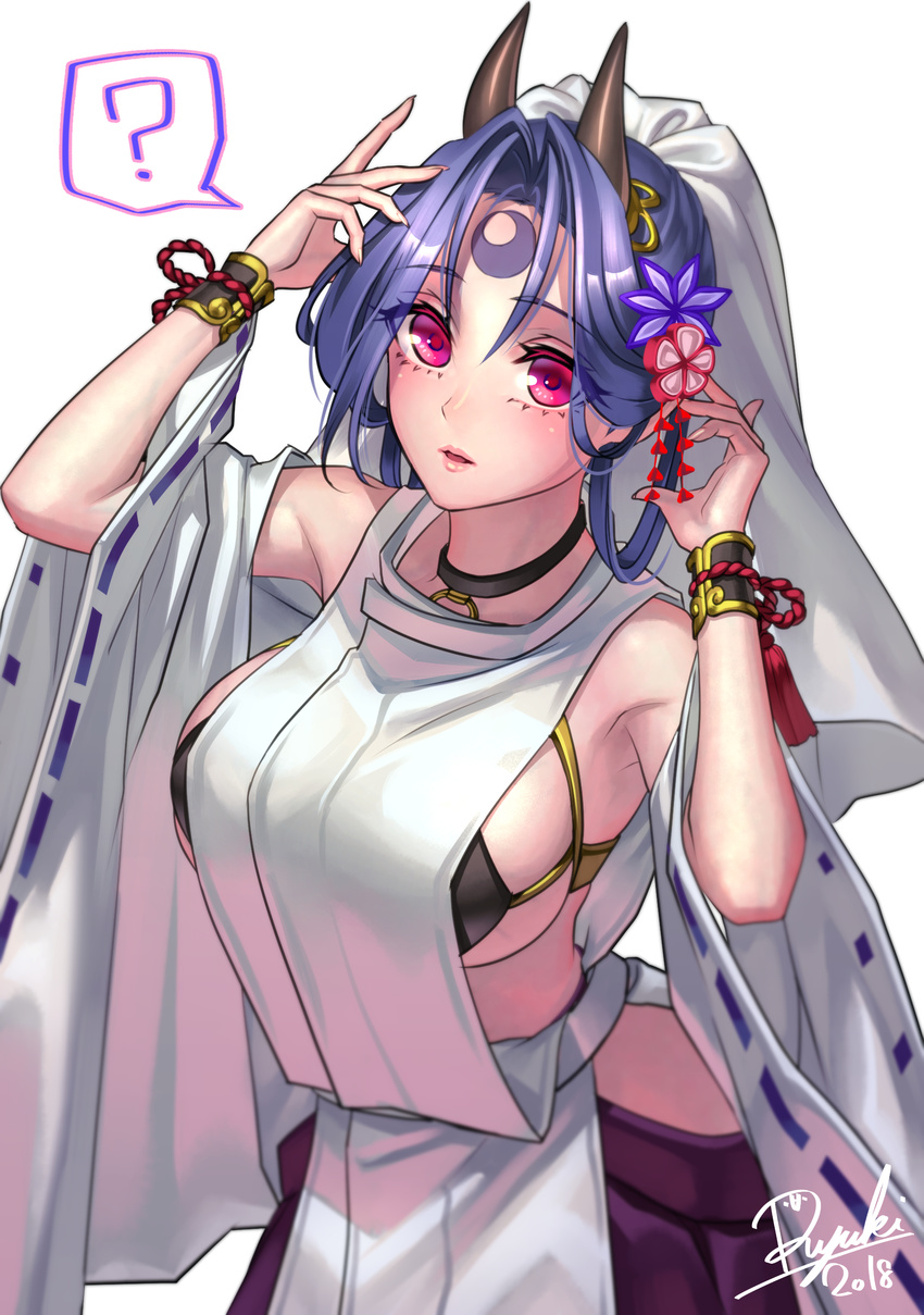 ? absurdres arched_back arms_up bikini black_bikini breasts crescent dated detached_sleeves eyes_visible_through_hair facial_mark forehead_tattoo hair_ornament hands_up highres horns japanese_clothes large_breasts looking_at_viewer original parted_lips purple_eyes purple_hair ribbon-trimmed_sleeves ribbon_trim ryuki@maguro-ex sideboob signature simple_background solo speech_bubble swimsuit veins white_background wide_sleeves wrist_guards wristband