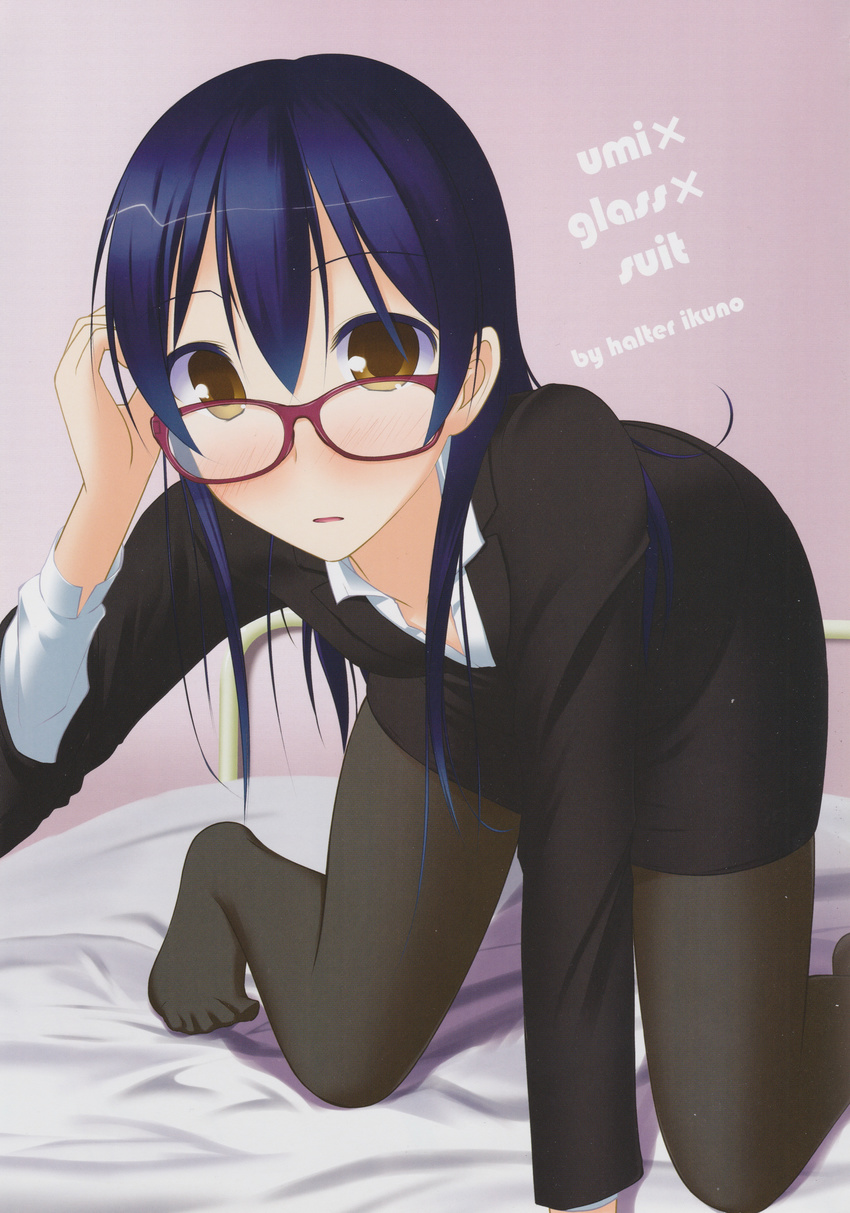 absurdres all_fours arm_support artist_name bangs black_legwear blue_hair blush business_suit formal glasses hair_between_eyes hand_in_hair highres ikuno_haruta_(haltype) long_hair looking_at_viewer love_live! love_live!_school_idol_project no_shoes office_lady open_mouth pantyhose pencil_skirt red-framed_eyewear scan simple_background skirt skirt_suit solo sonoda_umi suit yellow_eyes
