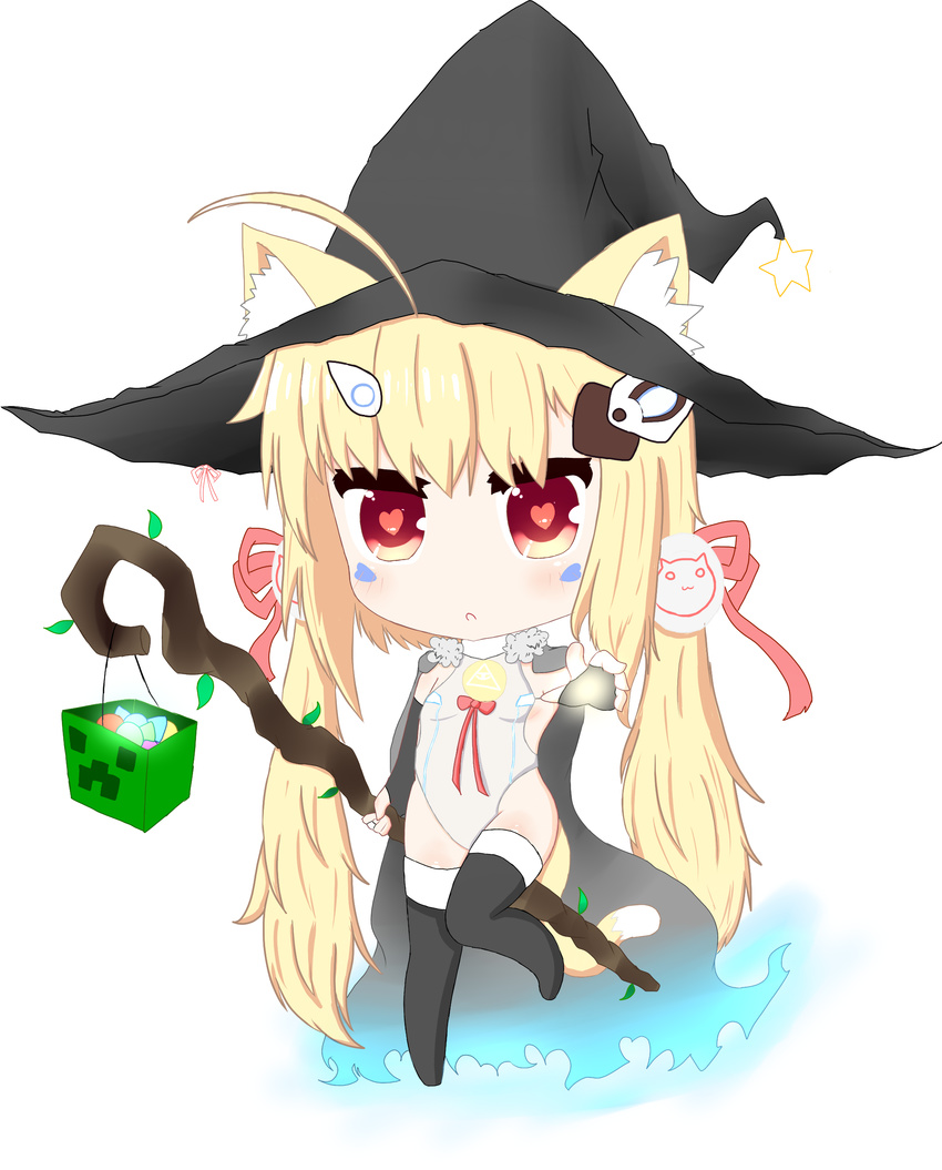 :o absurdres ahoge animal_ears azur_lane bailingxiao_jiu bangs black_gloves black_hat black_legwear blonde_hair blush candy cape cat_ears cat_girl cat_tail chibi commentary_request creeper ears_through_headwear elbow_gloves eldridge_(azur_lane) facial_mark fingerless_gloves food fur-trimmed_cape fur_trim gloves grey_cape grey_leotard hair_between_eyes hair_ribbon hat heart heart-shaped_pupils highres holding holding_staff kemonomimi_mode leotard looking_at_viewer minecraft outstretched_arm parted_lips pink_ribbon red_eyes ribbon solo staff standing standing_on_one_leg star symbol-shaped_pupils tail thighhighs torn_cape witch_hat wooden_staff