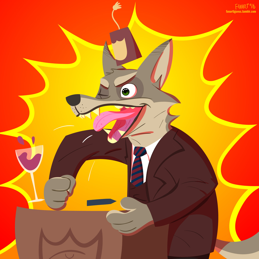 2016 alcohol anthro beverage canine clothed clothing fanartiguess fez green_eyes male mammal necktie one_eye_closed open_mouth sharp_teeth signature solo suit teeth tongue url wine wine_glass wolf