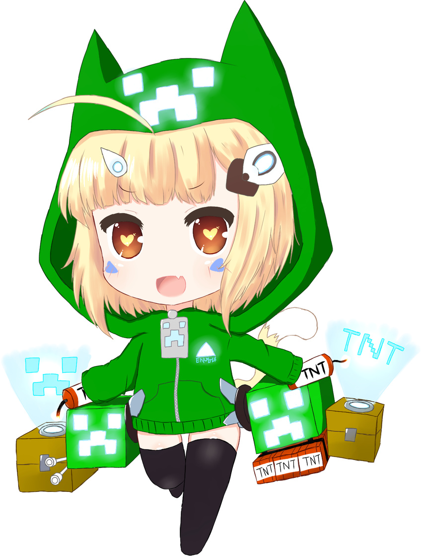 :d ahoge animal_ears animal_hood azur_lane bailingxiao_jiu black_legwear blonde_hair blush brown_eyes cat_ears cat_girl cat_hood cat_tail chibi creeparka creeper crossover dynamite eldridge_(azur_lane) fang full_body green_hoodie hair_ornament heart heart-shaped_pupils highres hood hood_up hoodie kemonomimi_mode looking_away minecraft no_shoes open_mouth sidelocks smile solo standing standing_on_one_leg symbol-shaped_pupils tail thighhighs tnt v-shaped_eyebrows white_background zipper_pull_tab