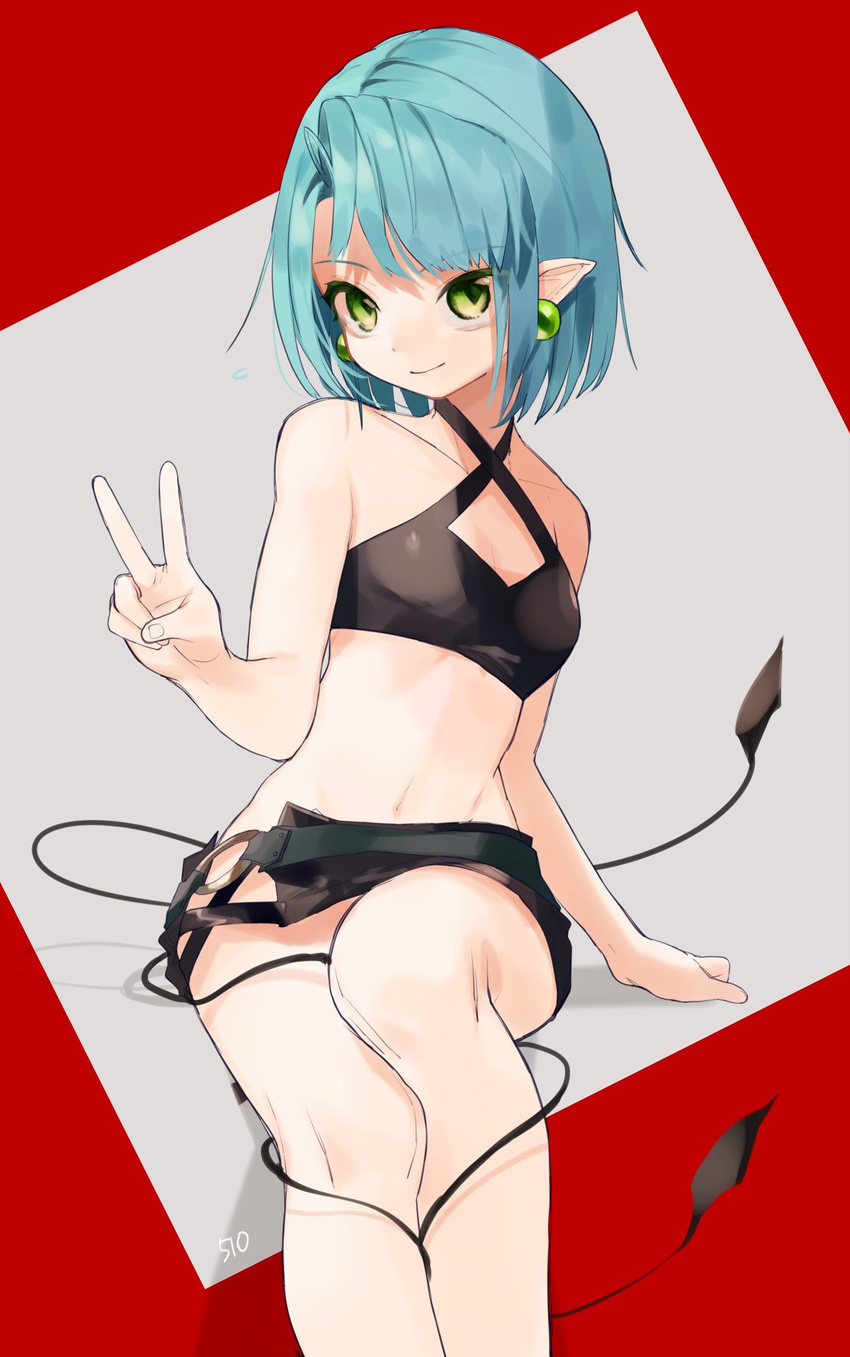 aqua_hair bangs bare_arms bare_legs bare_shoulders black_bra bra closed_mouth collarbone criss-cross_halter demon_tail earrings flying_sweatdrops gotoh510 green_eyes grey_background halter_top halterneck highres jewelry looking_at_viewer micro_shorts o-ring original pointy_ears red_background shorts signature sitting smile solo stomach tail two-tone_background underwear v