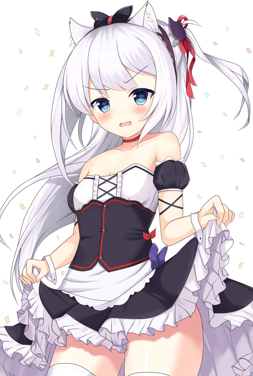 animal_ears arms_at_sides azur_lane bad_id bad_pixiv_id bangs bare_shoulders black_bow black_dress blue_eyes blush bow breasts cat_ears cat_hair_ornament choker cleavage collarbone confetti cowboy_shot cross-laced_clothes detached_sleeves dress eyebrows_visible_through_hair fang frilled_dress frills hair_bow hair_ornament hair_ribbon hairband hammann_(azur_lane) highres kyuujou_komachi lifted_by_self long_hair looking_at_viewer one_side_up open_mouth parted_lips puffy_short_sleeves puffy_sleeves red_choker red_ribbon remodel_(azur_lane) ribbon short_sleeves silver_hair skirt skirt_hold skirt_lift small_breasts solo thighhighs v-shaped_eyebrows very_long_hair white_background white_hair white_legwear zettai_ryouiki