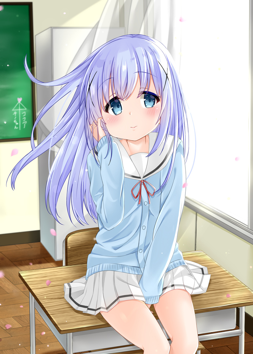 alternate_costume bangs between_legs blue_cardigan blue_eyes blue_hair blush cacao_(chocolat) cardigan classroom closed_mouth commentary_request day desk eyebrows_visible_through_hair gochuumon_wa_usagi_desu_ka? hair_between_eyes hair_ornament hand_between_legs hand_in_hair hand_up head_tilt highres hoto_cocoa's_school_uniform indoors kafuu_chino locker long_hair long_sleeves looking_away on_desk petals pleated_skirt school_desk school_uniform serafuku sitting sitting_on_desk skirt sleeves_past_wrists smile solo sunlight very_long_hair white_skirt window x_hair_ornament