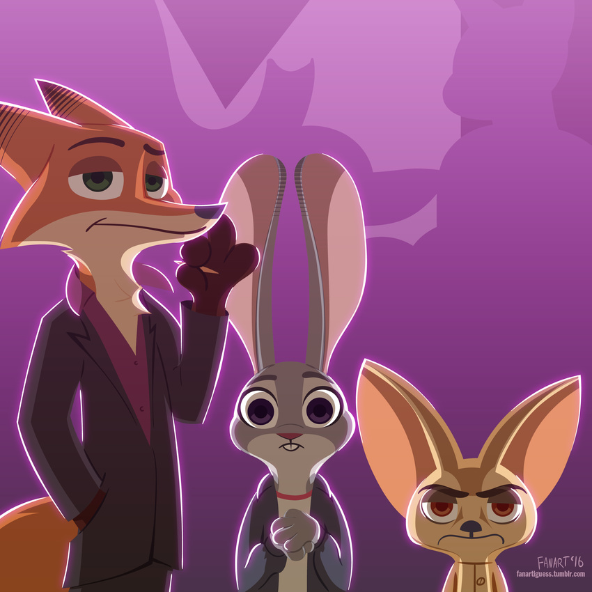 2016 anthro brown_eyes buckteeth canine clothed clothing dipstick_ears disney fanartiguess female fennec finnick fox green_eyes group hand_in_pocket judy_hopps lagomorph looking_at_viewer male mammal neck_tuft nick_wilde purple_eyes rabbit signature teeth tuft url zootopia