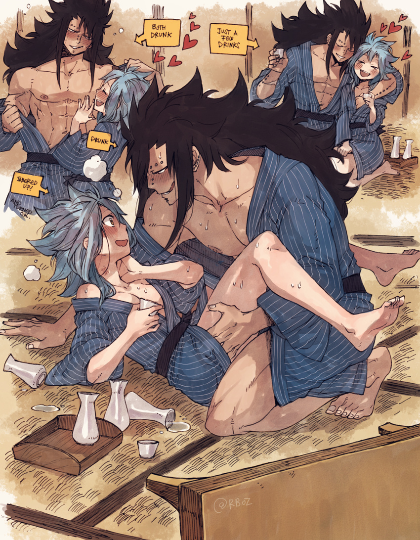 1girl abs barefoot black_hair blue_hair blush bottle breasts cleavage commentary couple drunk eye_contact fairy_tail feet gajeel_redfox hetero highres imminent_sex japanese_clothes kimono levy_mcgarden looking_at_another medium_breasts muscle piercing rusky sake_bottle sequential smile soles undressing