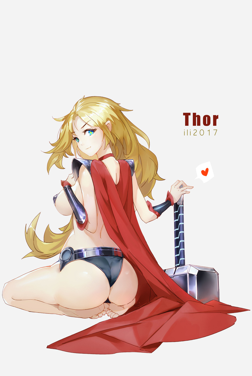 absurdres artist_name ass avengers barefoot blonde_hair blue_eyes breasts cape character_name choker closed_mouth commentary eyebrows_visible_through_hair from_behind full_body genderswap genderswap_(mtf) hammer hand_on_hilt head_tilt heart highres ili large_breasts light_smile long_hair looking_at_viewer looking_back marvel number red_cape seiza sideboob simple_background sitting solo spoken_heart symbol-shaped_pupils thor_(marvel) toes v-shaped_eyebrows very_long_hair white_background