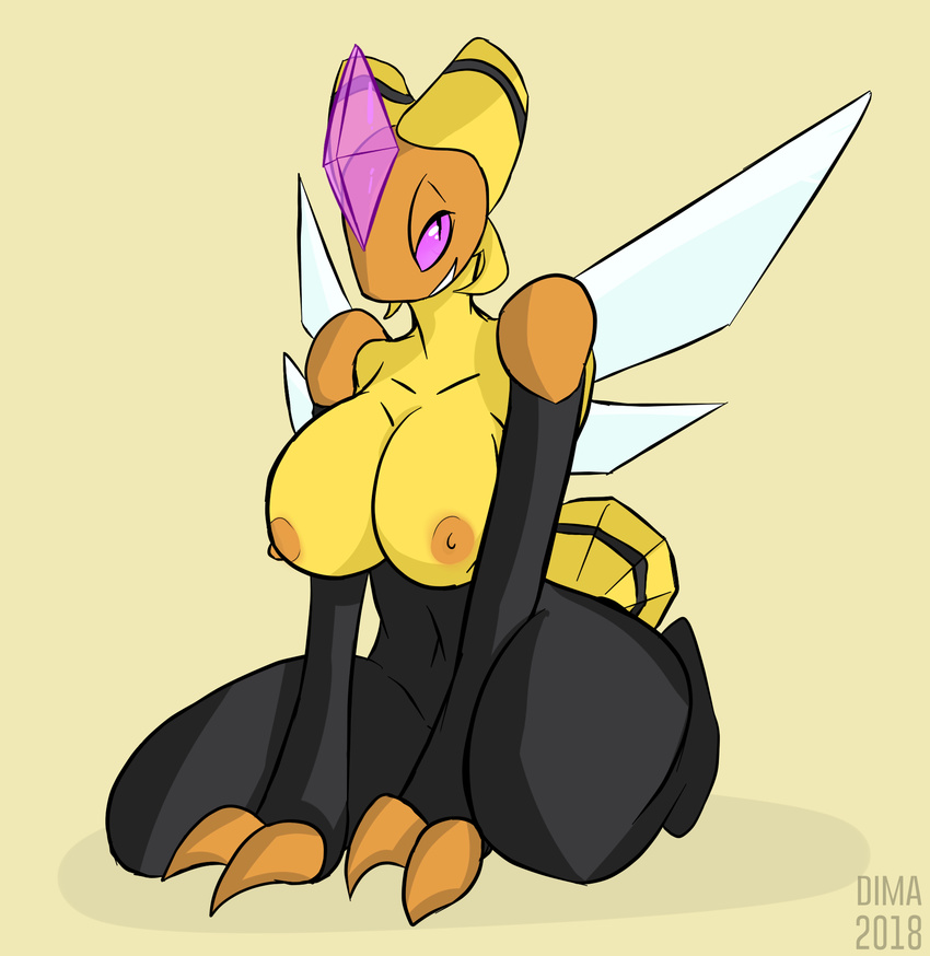 2018 anthro anthrofied areola arthropod big_breasts breasts claws dima_(artist) female gem insect insect_wings isabelle_(r-mk) kneeling looking_at_viewer navel nintendo nipples non-mammal_breasts nude pinup pok&eacute;mon pok&eacute;mon_(species) pok&eacute;morph pose purple_eyes purple_sclera simple_background smile solo thick_thighs vespiquen video_games wings