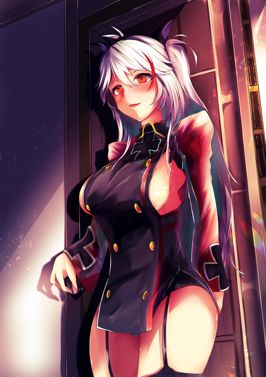 azur_lane bangs black_panties black_ribbon blush breasts buttons commentary_request door double-breasted dusk eyebrows_visible_through_hair garter_straps gloves hair_between_eyes hair_ribbon highres indoors iron_cross jacket large_breasts light_particles locking long_hair looking_at_viewer multicolored multicolored_clothes multicolored_hair multicolored_jacket no_bra open_mouth otsunabe_(naabe_delta) panties prinz_eugen_(azur_lane) red_hair ribbon seductive_smile side_cutout sideboob sidelocks silver_hair smile solo streaked_hair tareme thighhighs two_side_up underwear very_long_hair