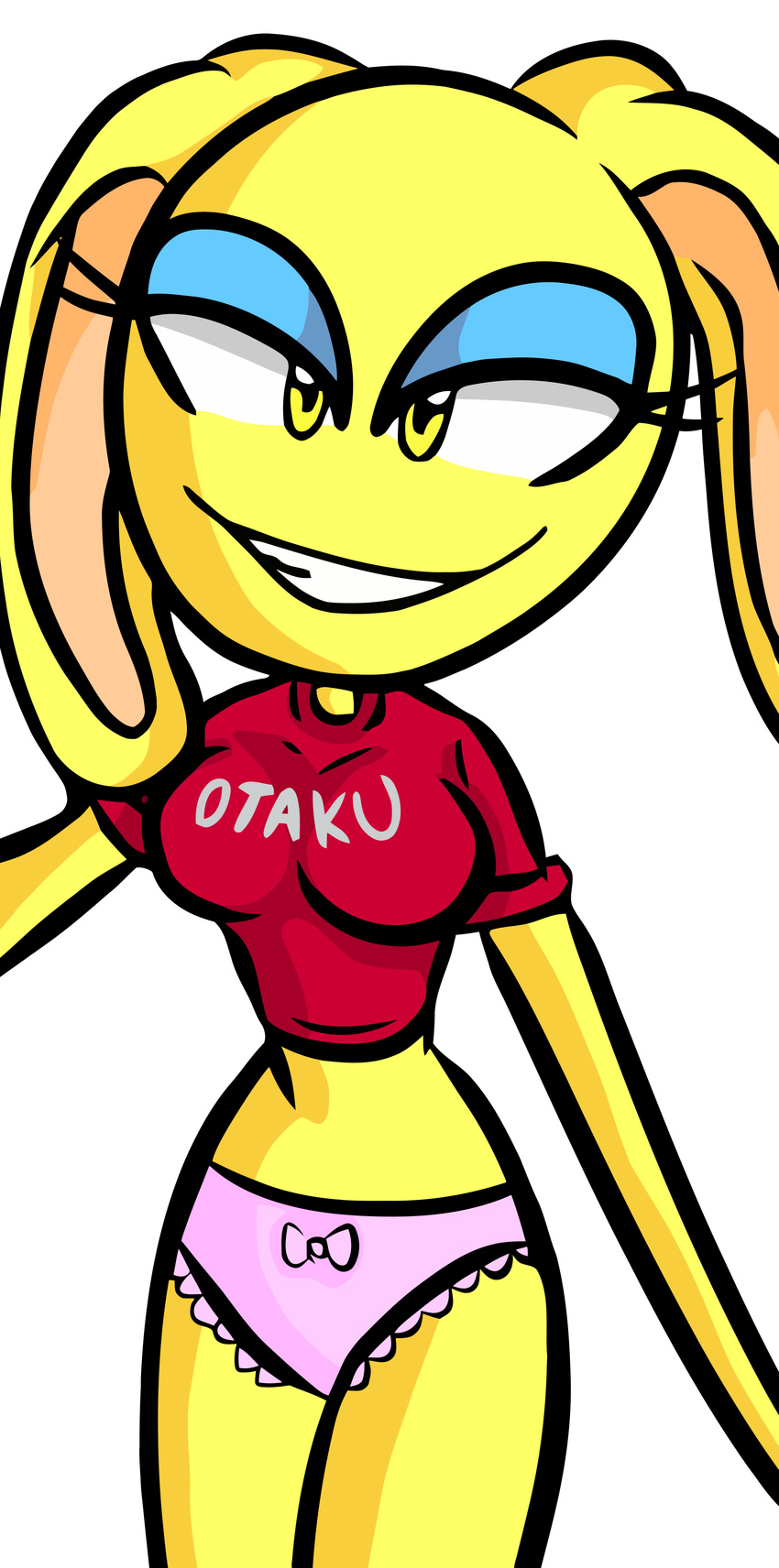 2018 absurd_res anthro anthrofied awkward big_smile breasts clenched_teeth clothed clothing costume cute digital_media_(artwork) eyelashes eyeshadow fan_character female floppy_ears fur grin half-closed_eyes half-length_portrait hi_res immatenma lagomorph long_ears makeup mammal noseless otaku panties plantigrade portrait rabbit shirt silly simple_background smile solo sonic_(series) teeth tight_clothing underwear white_background yellow_eyes yellow_fur