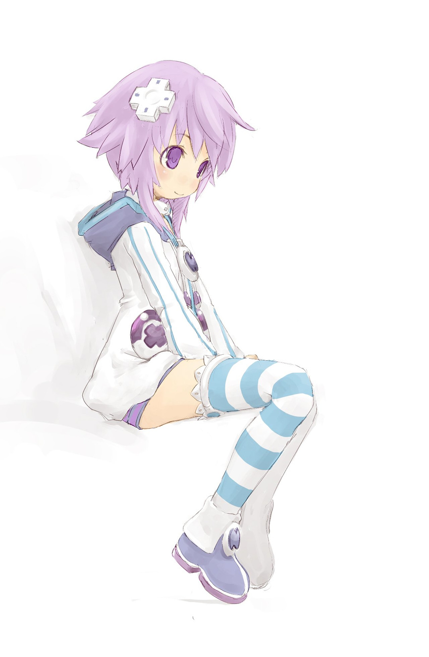 d-pad d-pad_hair_ornament goma_(mm324) hair_ornament highres hood hooded_track_jacket jacket neptune_(choujigen_game_neptune) neptune_(series) purple_eyes purple_hair sitting solo striped striped_legwear track_jacket