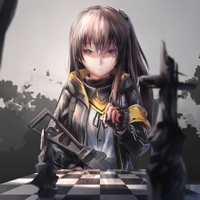 404_logo_(girls_frontline) armband bangs black_ribbon board_game brown_eyes brown_hair buckle bullet buttons chess chess_piece chessboard closed_mouth commentary_request crossed_bangs expressionless eyebrows_visible_through_hair fingerless_gloves girls_frontline gloves gun hair_between_eyes hair_ornament highres holding holding_bullet hood hooded_jacket jacket long_hair looking_at_viewer neck_ribbon one_side_up reflection ribbon scar scar_across_eye scarf shaded_face shinyi_mi shirt smile strap submachine_gun ump45_(girls_frontline) weapon white_shirt