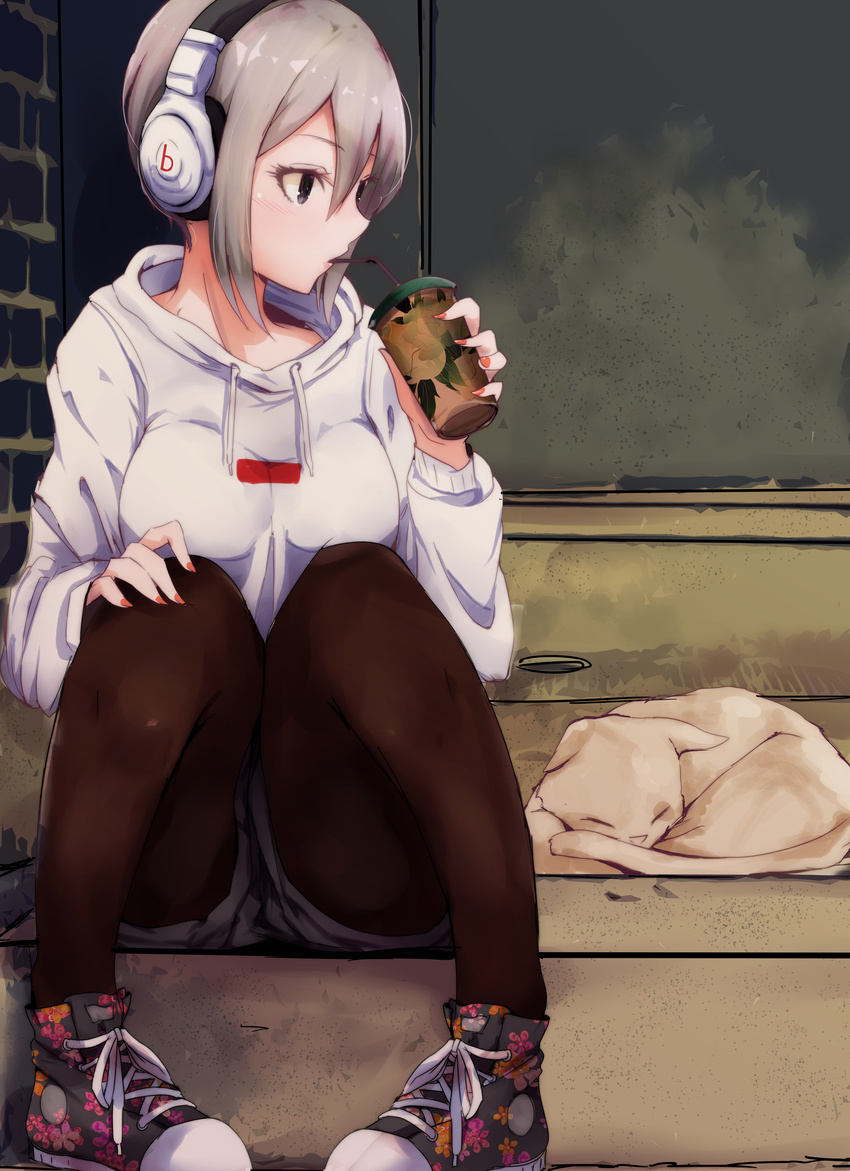 absurdres animal beats_by_dr._dre black_eyes black_legwear breasts cat commentary_request cup drinking drinking_straw eyebrows_visible_through_hair floral_print grey_hair hair_between_eyes headphones highres holding holding_cup idolmaster idolmaster_cinderella_girls knees_up medium_breasts nail_polish pantyhose pigeon-toed print_footwear red_nails ryuu. shiomi_shuuko shoes short_hair sitting solo sweater white_sweater