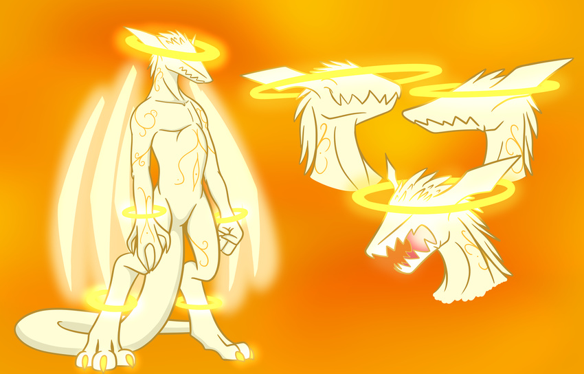 2018 angel angel_dragon anthro digital_media_(artwork) dragon featureless_crotch halo nude scalie simple_background smile solo standing wings x231_(artist)