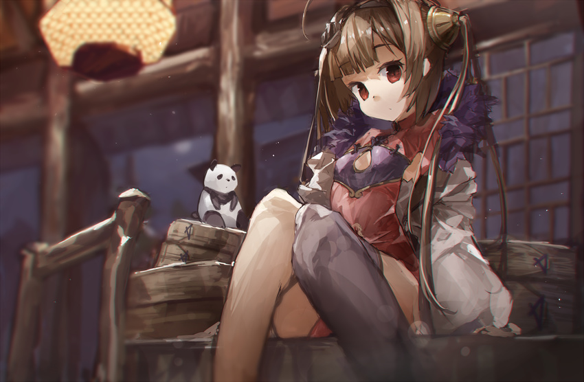 ahoge arm_support azur_lane bamboo_steamer bangs black_legwear blunt_bangs brown_hair china_dress chinese_clothes cleavage_cutout dress eyebrows_visible_through_hair fur_collar fur_trim hair_ornament indoors jacket knees_together_feet_apart lantern looking_at_viewer panda ph. ping_hai_(azur_lane) red_eyes single_thighhigh sitting solo thighhighs twintails