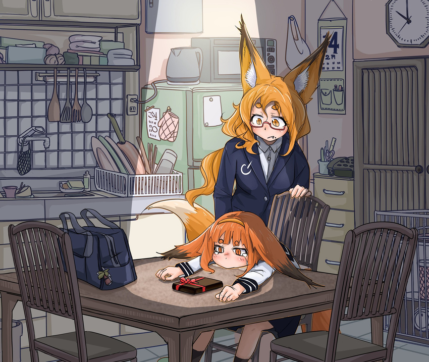 animal_ears bag bangs blank_stare blue_jacket blunt_bangs blush brown_eyes brown_hair business_suit cabinet chair clock collared_shirt commentary_request cutlery desk dishes doitsuken ears_down electric_plug fang_out faucet formal fox_ears fox_tail gift glasses hairband highres indoors jacket long_hair long_sleeves looking_afar microwave mittens mittens_removed mole mole_under_eye multiple_girls note original red-framed_eyewear refrigerator school_bag school_uniform semi-rimless_eyewear serafuku shirt short_eyebrows short_hair shoulder_bag siblings sink sisters slit_pupils spotlight standing suit tail teapot tears thick_eyebrows tissue tissue_box under-rim_eyewear valentine wall_clock white_shirt wing_collar