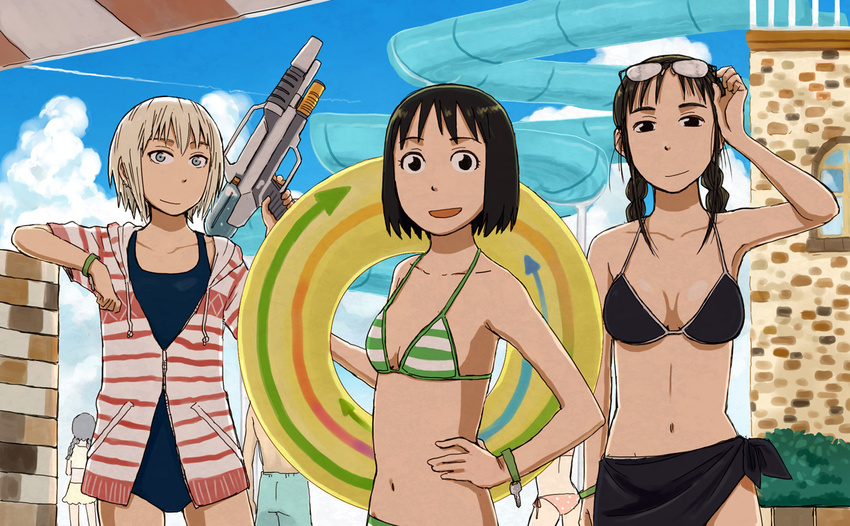 arashiyama_hotori bikini black_eyes black_hair blonde_hair blue_eyes bracelet braid glasses jewelry kameidou_shizuka kon_futaba long_hair multiple_girls naotan navel one-piece_swimsuit short_hair soredemo_machi_wa_mawatteiru striped striped_bikini striped_swimsuit swimsuit twin_braids water_gun water_slide