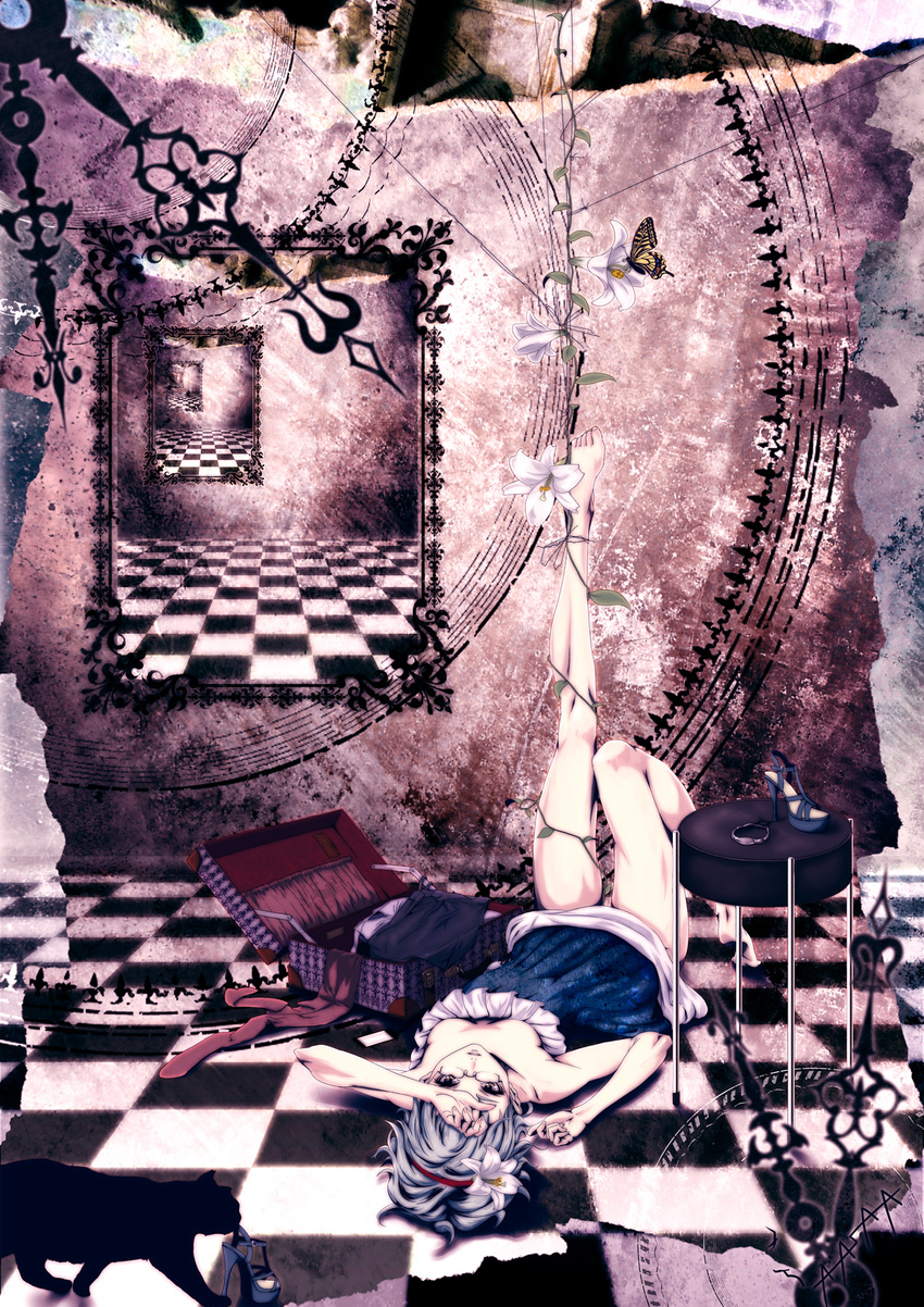 barefoot blue_eyes bug butterfly cat checkered checkered_floor clothes flower glasses highres insect leg_up legs lily_(flower) lying mirror mubouou_aasaa on_back original recursion reflection shoes_removed short_hair silver_hair solo suitcase upside-down