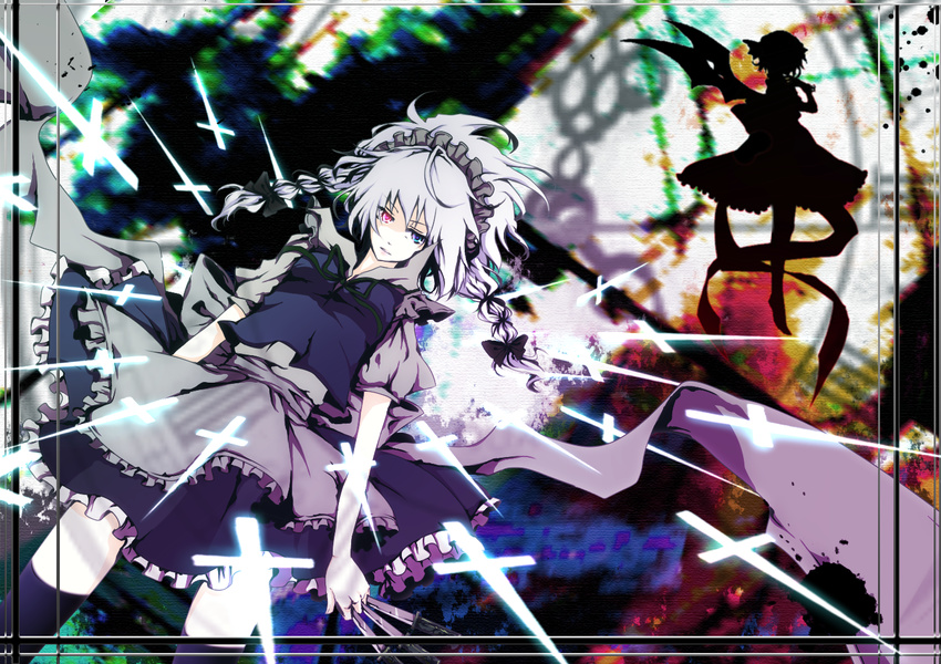 blue_eyes braid heterochromia izayoi_sakuya knife maid maid_headdress multiple_girls pink_eyes remilia_scarlet short_hair silhouette silver_hair thighhighs touhou twin_braids wings yume_koucha