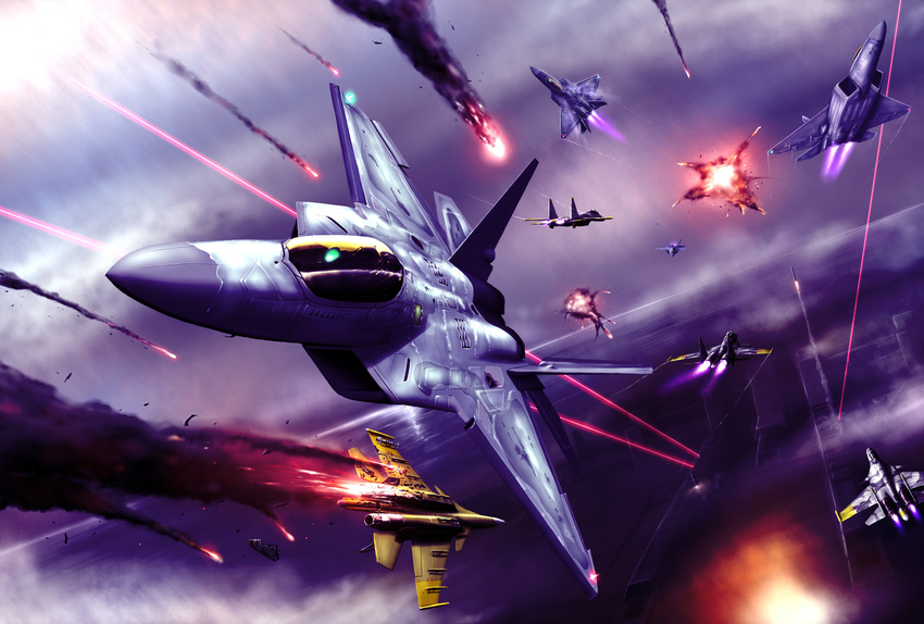 ace_combat_04 aerial_battle afterburner aircraft airplane battle cloud commentary condensation_trail destruction dogfight explosion f-22_raptor fighter_jet fire flying fortress highres jet laser light megalith meteor military military_vehicle missile mobius_1 no_humans shooting_star smoke su-37 war weapon yellow_13 yellow_squadron zephyr164