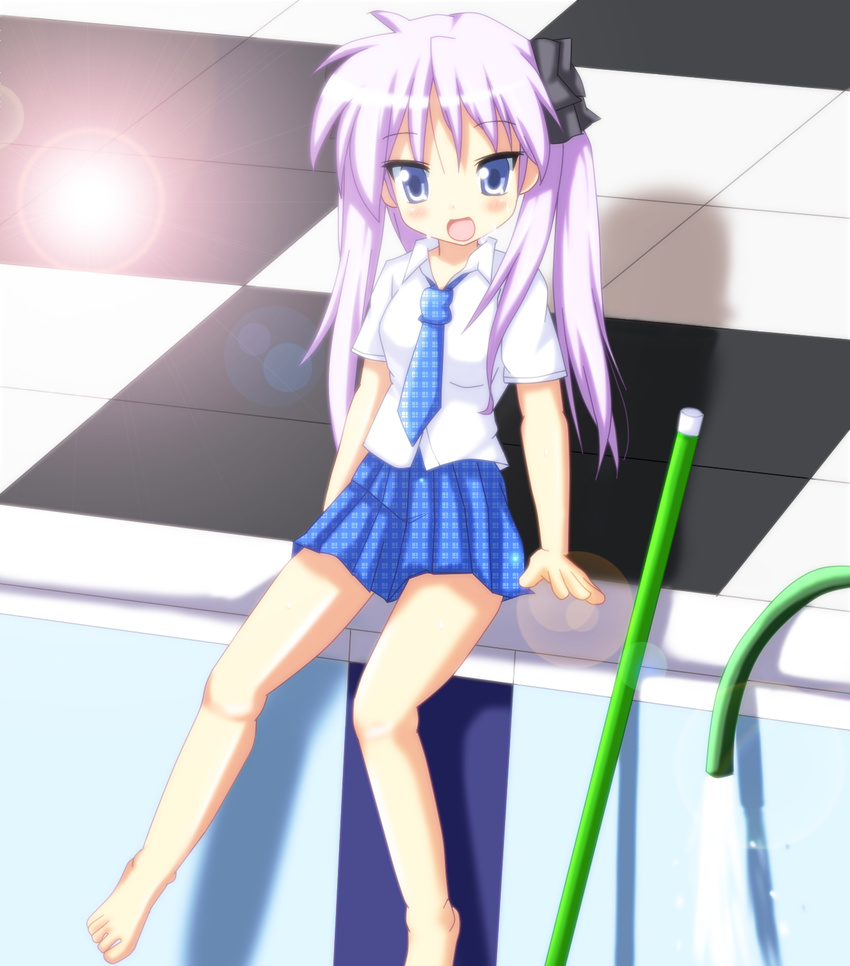 barefoot blue_eyes checkered checkered_floor cleaning_brush empty_pool highres hiiragi_kagami hose lens_flare lucky_star mai_(t-5) necktie pleated_skirt pool poolside purple_hair school_uniform skirt solo twintails unmoving_pattern water