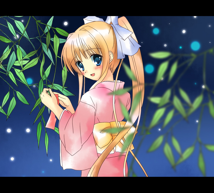 :d air bamboo blonde_hair blue_eyes blurry blush depth_of_field haruno_(macoro) highres japanese_clothes kamio_misuzu kimono leaf letterboxed long_hair looking_back open_mouth pink_kimono ponytail smile solo tanabata tanzaku very_long_hair yukata