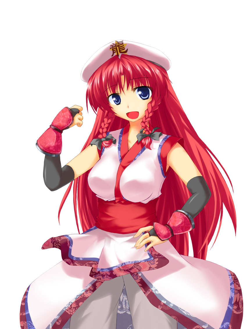 blue_eyes braid ckxdcp highres hong_meiling long_hair looking_at_viewer open_mouth red_hair solo touhou transparent_background twin_braids