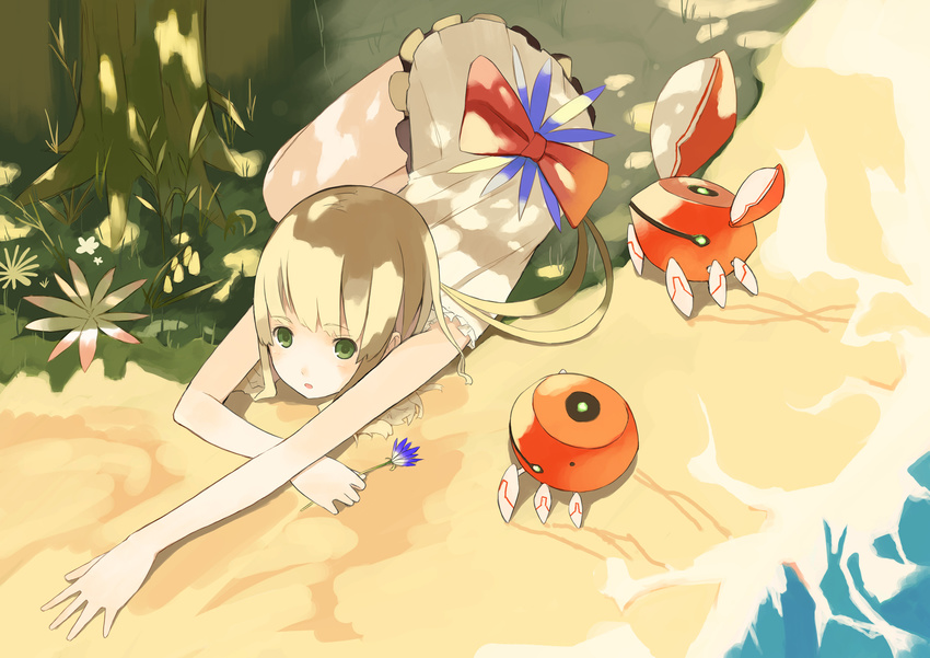 :o bad_id bad_pixiv_id blonde_hair bow crab dress flower grass green_eyes highres long_hair lying mk_(masatusaboten) ocean open_mouth original ribbon sand shade solo tree