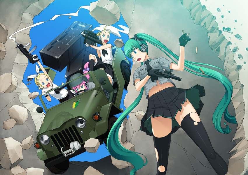 3girls blonde_hair blue_eyes bullet car finger_on_trigger gahaku gloves green_hair ground_vehicle gun handgun hatsune_miku hatsune_miku_(append) helmet highres jeep kagamine_len kagamine_rin long_hair megurine_luka motor_vehicle multiple_girls necktie pink_hair revolver rocket_launcher skirt thighhighs torn_clothes torn_legwear trigger_discipline twintails very_long_hair vocaloid vocaloid_append weapon