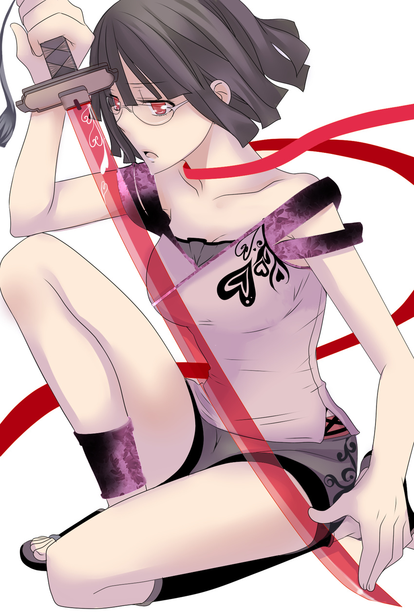 ankle_cuffs asymmetrical_clothes bare_shoulders black_hair bob_cut breasts cleavage durarara!! feet glasses highres large_breasts red_eyes ribbon sandals short_hair shorts solo sonohara_anri sword tank_top tks-kikan-gentei weapon