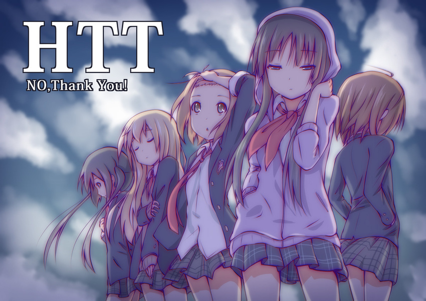 akiyama_mio bad_id bad_pixiv_id banned_artist black_eyes black_hair blonde_hair brown_eyes brown_hair closed_eyes hirasawa_yui hood hoodie k-on! kotobuki_tsumugi long_hair mirai_(macharge) multiple_girls nakano_azusa necktie no_thank_you! plaid plaid_skirt school_uniform short_hair skirt sleeves_pushed_up tainaka_ritsu