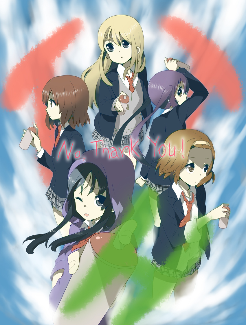 absurdres aerosol akiyama_mio black_eyes black_hair blazer blonde_hair blue_eyes brown_eyes brown_hair can graffiti hairband highres hirasawa_yui hood hoodie jacket k-on! kotobuki_tsumugi long_hair mitsuki_meiya multiple_girls nakano_azusa necktie no_thank_you! one_eye_closed plaid plaid_skirt pleated_skirt purple_hair school_uniform short_hair skirt sweater tainaka_ritsu twintails