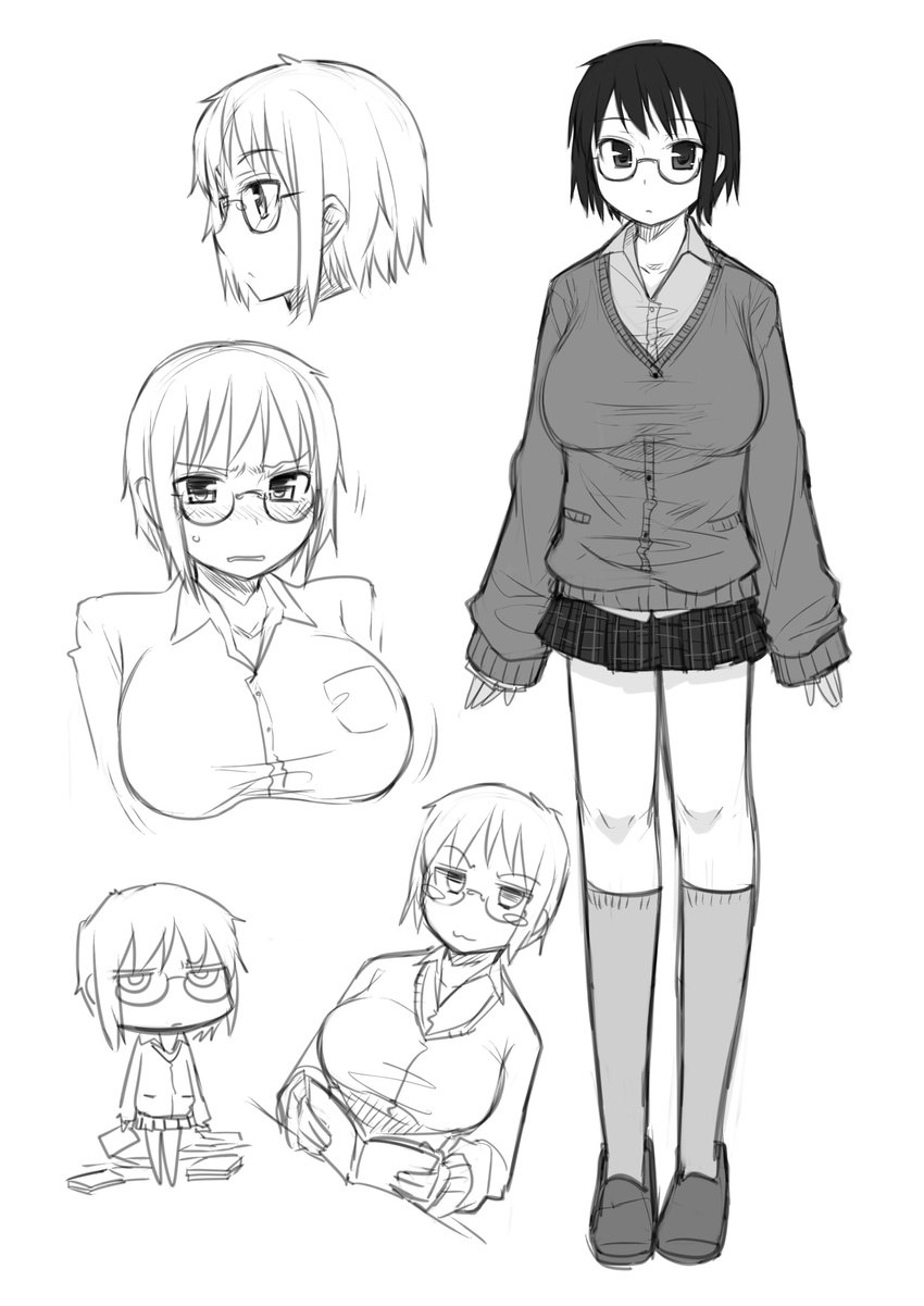 :3 absurdres blush blush_stickers book breasts cardigan copyright_request glasses greyscale highres kneehighs large_breasts monochrome mukoujima_tenro plaid plaid_skirt skirt