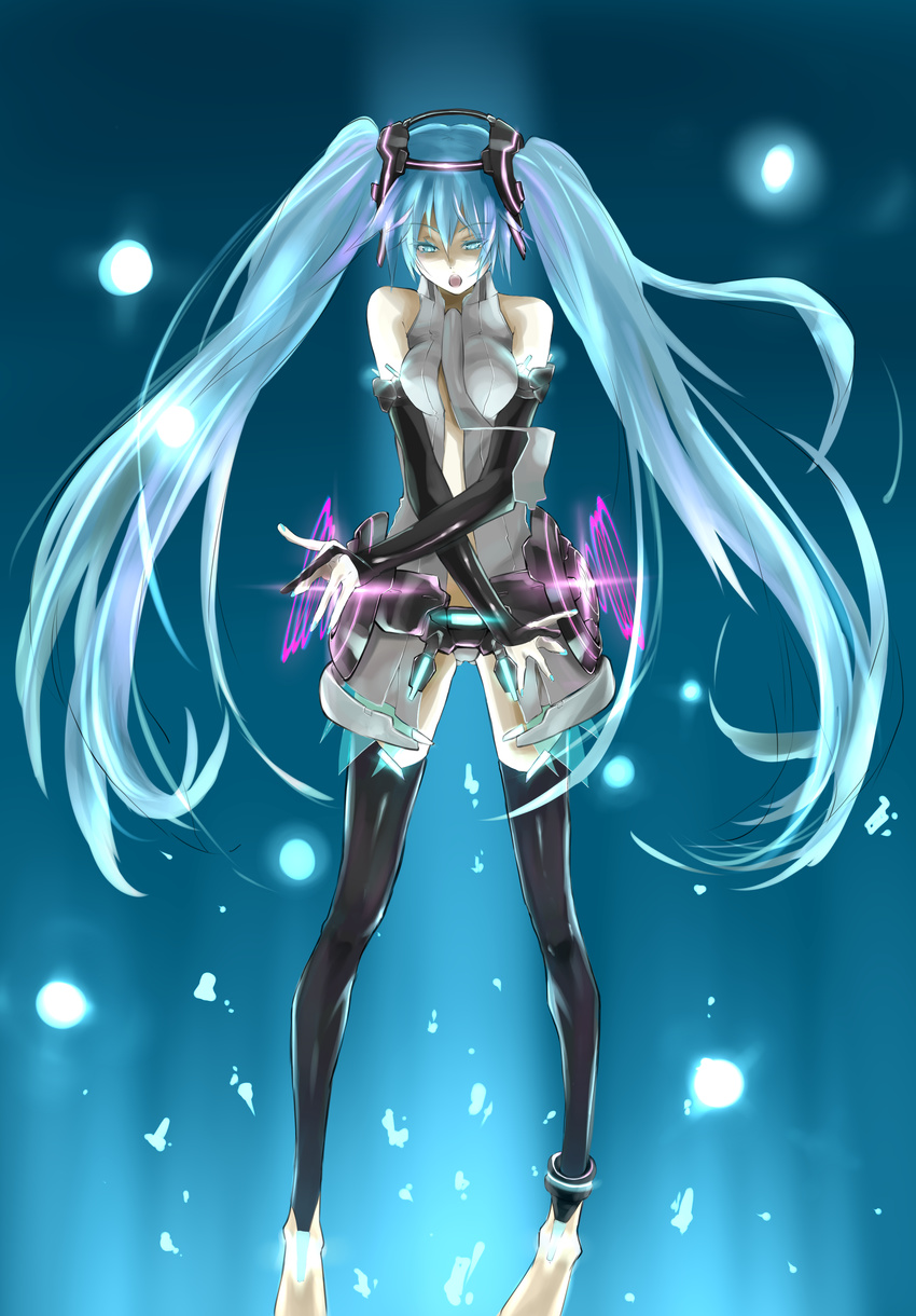 absurdres aqua_eyes aqua_hair bad_id bad_pixiv_id barefoot breast_squeeze breasts bridal_gauntlets hatsune_miku hatsune_miku_(append) highres long_hair medium_breasts necktie open_mouth solo thighhighs twintails very_long_hair viral_(fortis) vocaloid vocaloid_append