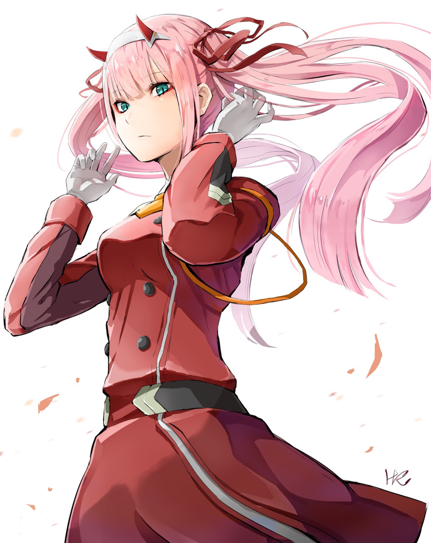 alternate_hairstyle arms_up bangs belt blunt_bangs breasts closed_mouth coat cowboy_shot darling_in_the_franxx double-breasted expressionless eyebrows_visible_through_hair floating_hair gloves hair_ribbon hairband highres horns hoshizaki_reita long_hair long_sleeves looking_at_viewer medium_breasts military military_uniform necktie orange_neckwear petals red_coat red_ribbon ribbon signature solo standing twintails uniform very_long_hair white_background white_gloves white_hairband wind zero_two_(darling_in_the_franxx)