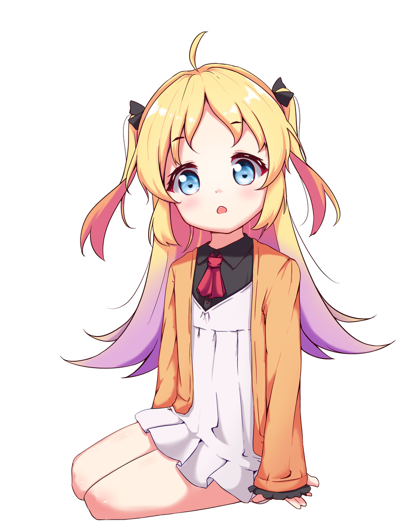 :o bangs black_bow black_shirt blonde_hair blue_eyes blush bow cardigan charlotte_izoard collared_shirt commentary_request dress eyebrows_visible_through_hair full_body gradient_hair hair_bow head_tilt highres long_hair looking_at_viewer multicolored_hair parted_lips purple_hair red_neckwear ryuuou_no_oshigoto! set_(vrkdgus1) shirt simple_background sitting solo two_side_up very_long_hair white_background white_dress yokozuwari