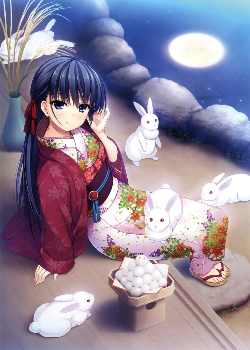 absurdres asami_asami black_hair blue_eyes bunny eyebrows_visible_through_hair floral_print from_above full_body full_moon hair_between_eyes hair_ribbon highres japanese_clothes kimono long_hair looking_at_viewer moon obi original outdoors red_ribbon ribbon sash sitting solo very_long_hair white_kimono yukata